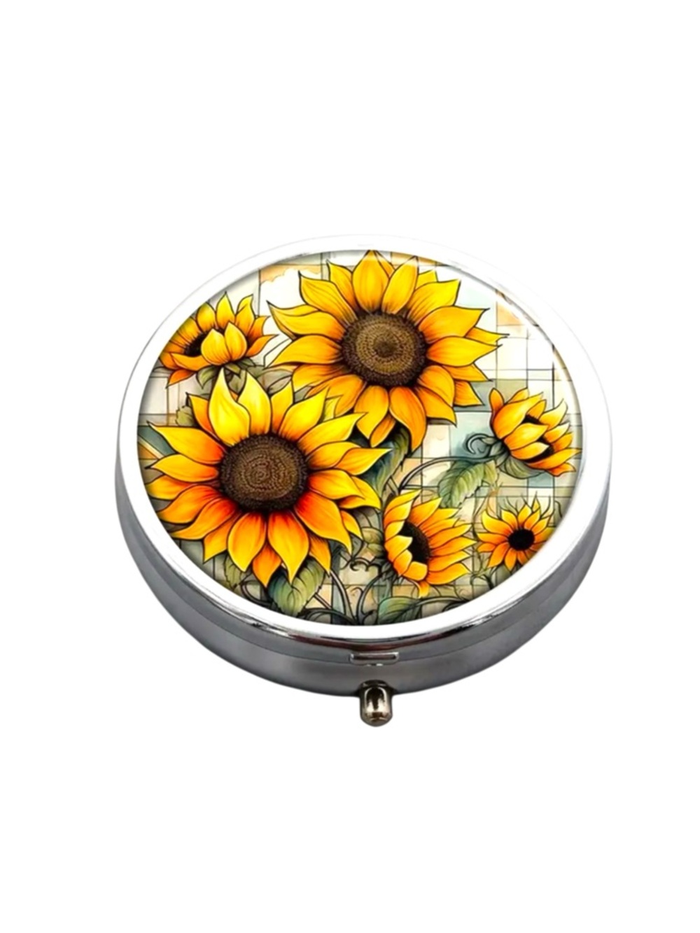 Sunflower Pill Box. 1.88” X .57”   3 Compartments.